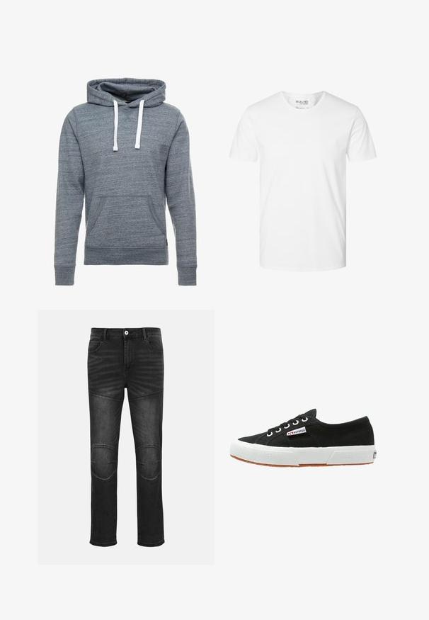 Grå hættetrøje lavet af blødt, tekstureret stof. Den har en frontlomme, hvide snore og ribkantede ærmer og bund. Casual design.; Enkelt hvid t-shirt med korte ærmer og rund hals, lavet af økologisk bomuld, mærket Selected Homme, størrelse large.; Sorte denimjeans med smal pasform, udstyret med knælapper, kontrastsyninger og en klassisk knaplukning i taljen.; Sort lærredssneaker med hvid gummisål og brunt gummiydersål. Har rund tå, snørebåndsdesign og lille logoetiket på siden.