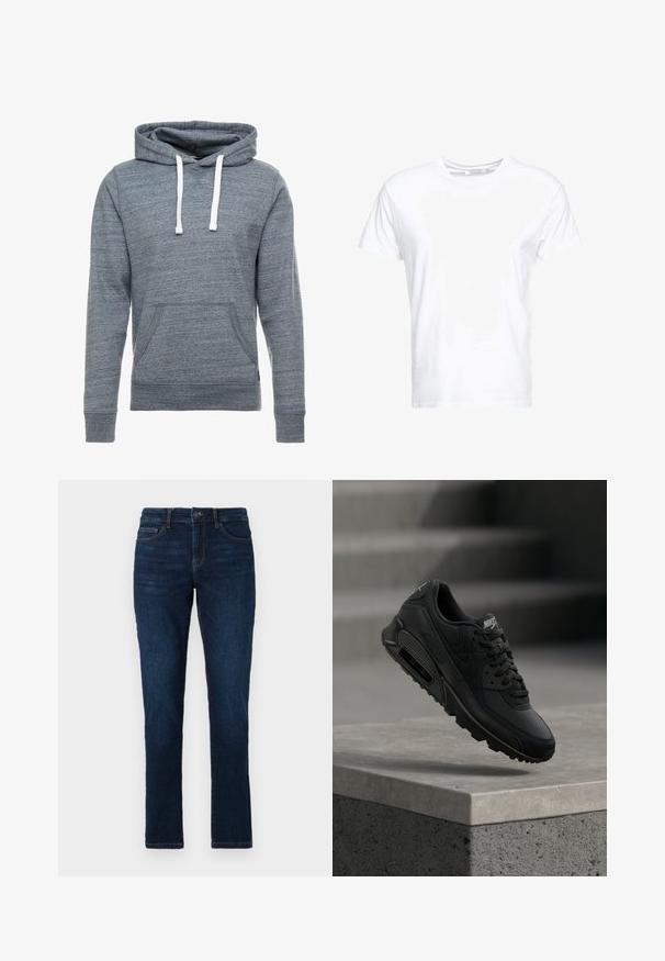 Grau Hoodie aus weichem, strukturiertem Stoff. Mit einer Vordertasche, weißen Kordeln und gerippten Bündchen und Saum. Lässiges Design.; Weißes Baumwoll-T-Shirt mit rundem Ausschnitt und kurzen Ärmeln, im klassischen Schnitt und mit glatter Textur. Keine sichtbaren Muster oder Hardware.; Dunkelblaue Jeans im Slim-Fit-Stil mit dem klassischen Fünf-Taschen-Design sowie einer Knopf- und Reißverschlussbefestigung. Glatte Textur mit minimalem Verblassen.; Der schwarze Nike Air Max 90 Sneaker besteht aus einer Kombination von Leder- und Mesh-Materialien, hat runde Schnürsenkel und eine sichtbare Air-Einheit in der Sohle.