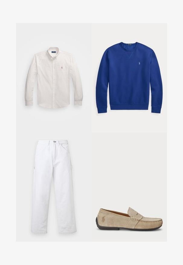 Blå sweatshirt med lange ærmer og rund halsudskæring med lille hvidt broderet logo på venstre bryst og forstærket V-syning under halsudskæringen.; Hvid skjorte med knapper og fine lodrette striber i lys beige. Har en klassisk krave, lange ærmer og et lille broderet logo på brystet.; Hvide bukser med højtaljet, lige ben, bæltestropper, forlommer, knaplukning og en sidelomme til værktøj på en ensfarvet baggrund.; Beige ruskindsloafers med syninger, flad gummisål og et lille logo på siden. Klassisk slip-on design, blød tekstur.