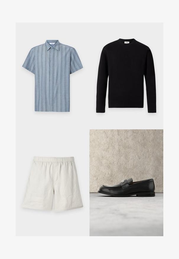 Sort langærmet crew neck sweater lavet af blødt stof. Har en venstre brystlomme og en lige kant med minimale teksturdetaljer.; Kortærmet skjorte med krave i lyseblåt stof med lodrette striber. Har et struktureret mønster og lige afslutning.; Lysbeige linnedshorts med elastisk talje, der har en afslappet pasform og minimale sømme for et simpelt, afslappet design.; Sort læderloafer med metalbrandskilt hvilende nær et brunt rundt bord på beige tæppe.