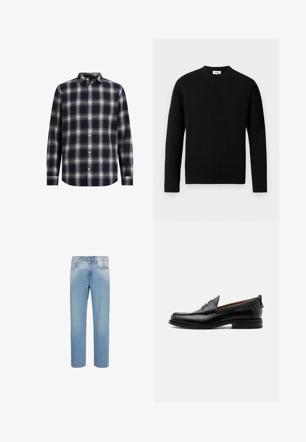 Sort langærmet crew neck sweater lavet af blødt stof. Har en venstre brystlomme og en lige kant med minimale teksturdetaljer.; Marineblå og cremeplaid flannel skjorte med knapkrave, lange ærmer og beige knapper; har en blød tekstur og en struktureret form.; Lyseblå jeans med lige ben, forlommer, bæltestropper og knaplukning, vist mod en hvid baggrund.; Sort læder herre loafer med moc-tå syning, penny strop, struktureret krave og lav stablet hæl på hvid baggrund.