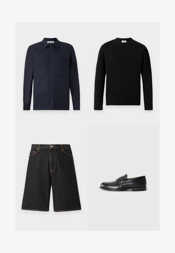 Sort langærmet crew neck sweater lavet af blødt stof. Har en venstre brystlomme og en lige kant med minimale teksturdetaljer.; Samsøe Samsøe TAKA JO OVERSHIRT - Skjorter - dark blue; Sorte denimshorts med lige ben, prydet med orange syninger, fem lommer og en metalknaplukning i linningen.; Sorte læder loafers med rund tå, syet detaljer og en flad gummisål. Har en bred rem over vristen.