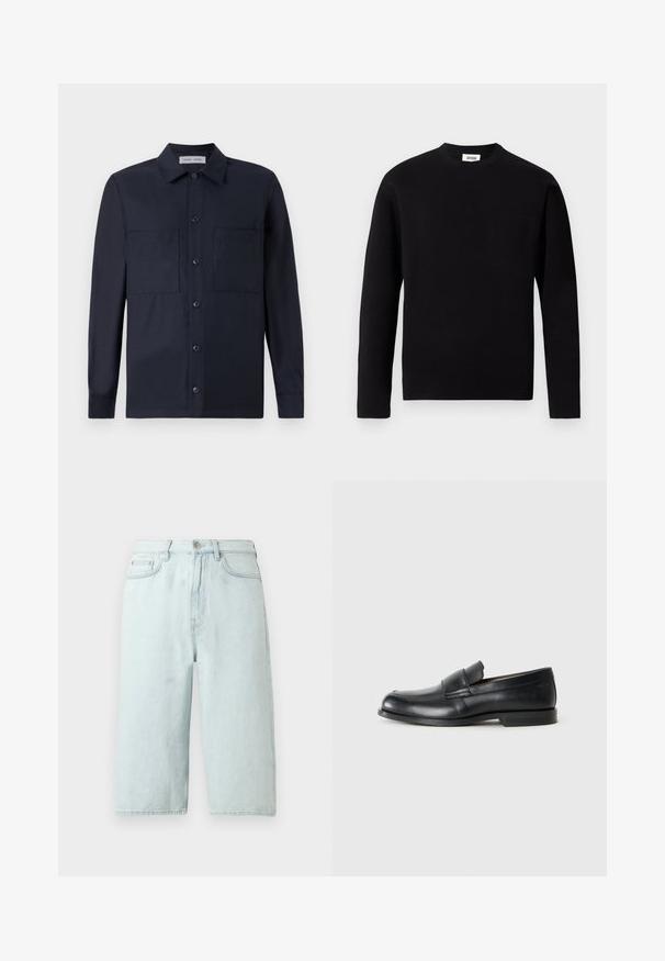 Sort langærmet crew neck sweater lavet af blødt stof. Har en venstre brystlomme og en lige kant med minimale teksturdetaljer.; Samsøe Samsøe TAKA JO OVERSHIRT - Skjorter - dark blue; Lyseblå denimshorts med lige ben, mellemhøj talje, forlommer og en enkelt baglomme, afsluttet med diskret syning.; Sorte læder loafers med rund tå, syet detaljer og en flad gummisål. Har en bred rem over vristen.