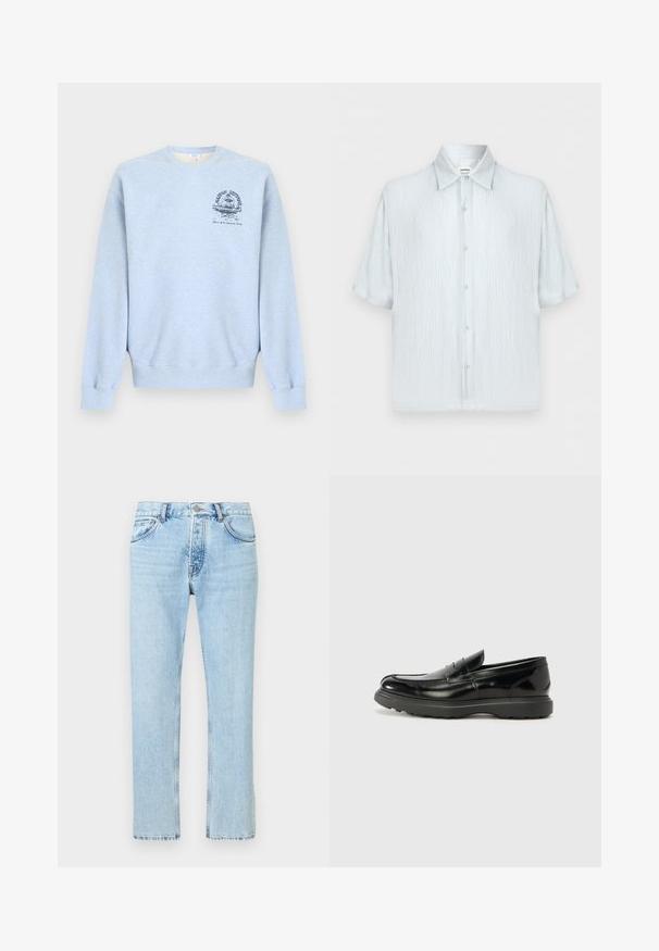 Sweat-shirt bleu clair à col rond avec manches longues et un petit motif bleu foncé sur le côté gauche de la poitrine représentant une fontaine et du texte.; Chemise homme bleu clair à manches courtes en tissu texturé, col classique et fermeture boutonnée devant sur un fond uni.; Jean en denim bleu clair à coupe droite, doté d'un design à cinq poches, de passants pour ceinture et d'une braguette zippée avec une fermeture par bouton en métal.; Mocassin en cuir noir avec une finition brillante, bout arrondi, détails de couture subtils et semelle en caoutchouc épaisse pour la durabilité.