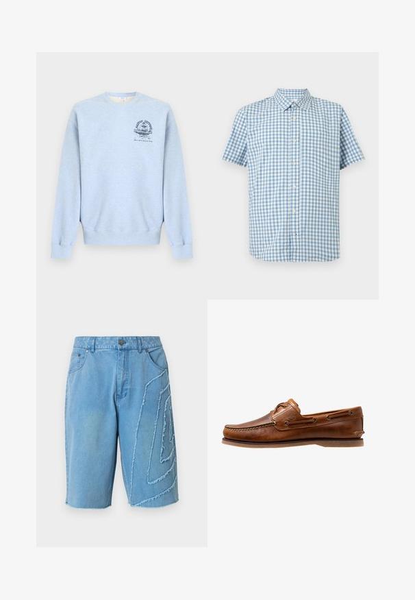 Sweat-shirt bleu clair à col rond avec manches longues et un petit motif bleu foncé sur le côté gauche de la poitrine représentant une fontaine et du texte.; Chemise à manches courtes à carreaux bleu clair et blanc, avec col et poche poitrine, présentée sur un fond uni.; Short en jean bleu clair longueur genou avec poches avant, fermeture boutonnée et détails de coutures effilochées en diagonale sur la jambe droite.; Chaussures bateau en cuir marron avec des accents cousus, présentant des œillets en métal, une couture surélevée sur le bout et une semelle plate en caoutchouc.