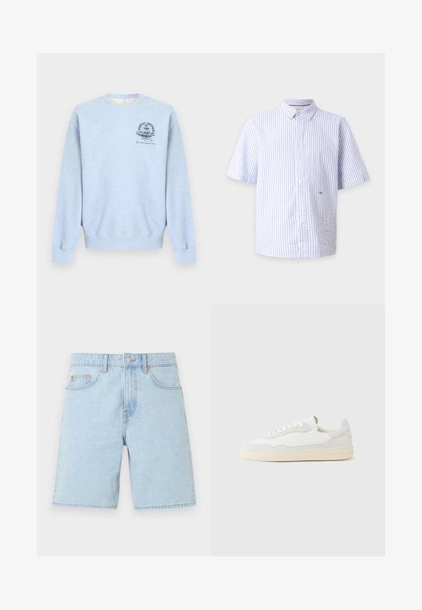 Sweat-shirt bleu clair à col rond avec manches longues et un petit motif bleu foncé sur le côté gauche de la poitrine représentant une fontaine et du texte.; Chemise blanche à manches courtes avec fines rayures verticales bleues et petit logo "PJL" en bas à droite.; Short en denim bleu clair avec poches avant, passants de ceinture, bouton en métal et fermeture éclair sur un fond blanc uni.; Baskets blanches avec dessus en daim et cuir texturé. Caractérisées par un bout arrondi, une fermeture à lacets et une semelle en caoutchouc beige contrastante.