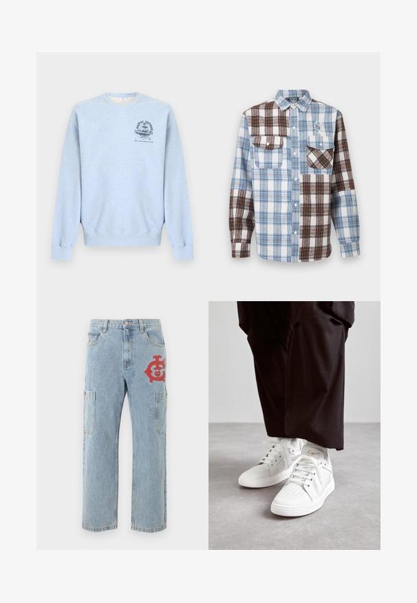 Hellblaues Sweatshirt mit Rundhalsausschnitt, langen Ärmeln und einer kleinen dunkelblauen Grafik auf der linken Brust, die einen Springbrunnen und Text zeigt.; Langärmliges Hemd mit Knopfleiste, das blaue, braune und weiße karierte Stoffflicken sowie zwei Brusttaschen aufweist, von denen eine mit einer Knopfleiste versehen ist.; Hellblaue Denim-Cargohosen mit Seitentaschen und einem roten Motiv auf dem rechten Oberschenkel.; Weiße High-Top-Sneaker aus glattem Leder mit perforierten Zehen, flachen weißen Schnürsenkeln und einem subtilen goldenen Akzent an der Ferse.