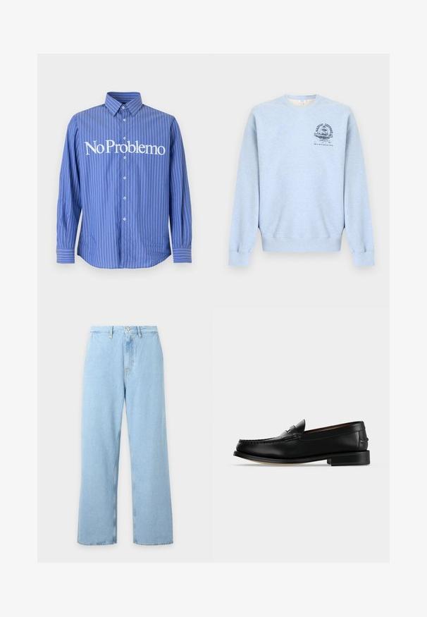 Sweat-shirt bleu clair à col rond avec manches longues et un petit motif bleu foncé sur le côté gauche de la poitrine représentant une fontaine et du texte.; Chemise bleue à manches longues avec de fines rayures blanches verticales et un grand texte blanc « No Problemo » sur la poitrine.; Jean bleu clair à taille haute et jambes larges avec passants de ceinture, bouton frontal et fermeture éclair, présenté sur un fond clair uni.; Mocassin homme en cuir noir avec un petit talon et une couture de style mocassin sur l'avant, vu de côté sur un fond uni.