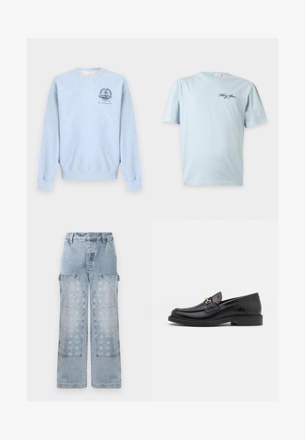Lichtblauwe crewneck-trui met lange mouwen en een kleine donkerblauwe afbeelding op de linkerborst met een fontein en tekst.; Lichtblauw T-shirt met korte mouwen en kleine zwarte cursieve tekst "Filling Pieces of Cinema" op de linkerborst.; Lichtblauwe denim cargo broek met een wijde pasvorm, grote opgestikte zakken en een subtiele bloemenprint op de onderste panelen, afgewerkt met gouden hardware-accenten.; Zwarte leren instappers met een ronde neus, voorzien van een gouden hardware accent en stikdetails, geplaatst op een lage, getextureerde rubberen zool.
