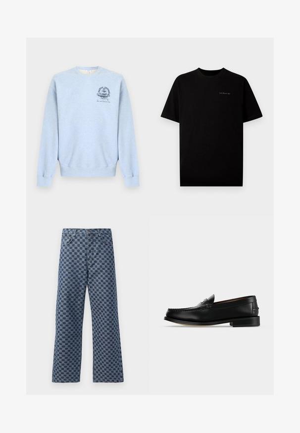Lyseblå crewneck-sweatshirt med lange ærmer og en lille mørkeblå grafik på venstre bryst, der viser en fontæne og tekst.; Sort bomulds t-shirt med korte ærmer og rund halsudskæring. Har et lille logo "Last Resort AB" broderet i en lys farve på brystet.; Blå denim jeans med et gentagende geometrisk mønster, fem lommer, en knaplukning og en flagrende benstil.; Sort læder herre loafer med lav hæl og mokkasinsyning på tåen, vist fra siden på en ensfarvet baggrund.