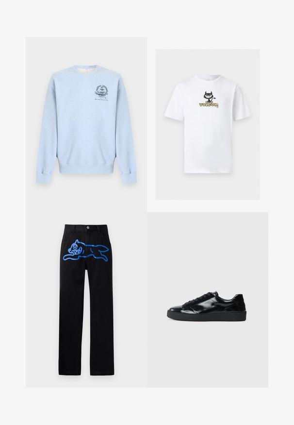 Lyseblå crewneck-sweatshirt med lange ærmer og en lille mørkeblå grafik på venstre bryst, der viser en fontæne og tekst.; Hvid T-shirt med korte ærmer med et centreret motiv af en sort tegneserie-djævel på et skateboard over teksten "volcom" i beige og sort.; Sorte denimbukser med en afslappet pasform, prydet med et levende blåt grafisk motiv af en springende kat foran. Klassisk fem-lomme design.; Sorte laklæder sneakers med rund tå, snørredesign, tekstureret gummisål og en glat overflade.