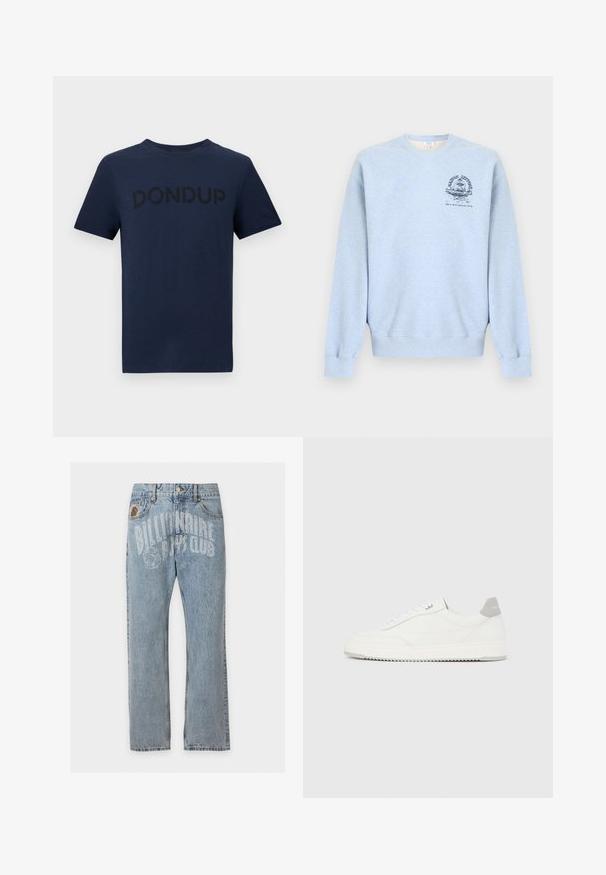 Sweat-shirt bleu clair à col rond avec manches longues et un petit motif bleu foncé sur le côté gauche de la poitrine représentant une fontaine et du texte.; T-shirt bleu marine à manches courtes et col rond avec l'inscription "DONDUP" en lettres légèrement plus foncées sur la poitrine.; Jean en denim bleu clair avec poches avant et texte "Billionaire Boys Club" ainsi que logo d’astronaute imprimés sur la partie haute avant.; Baskets basses blanches avec un onglet de talon gris, des lacets blancs et une semelle texturée, présentées sur un fond uni clair.