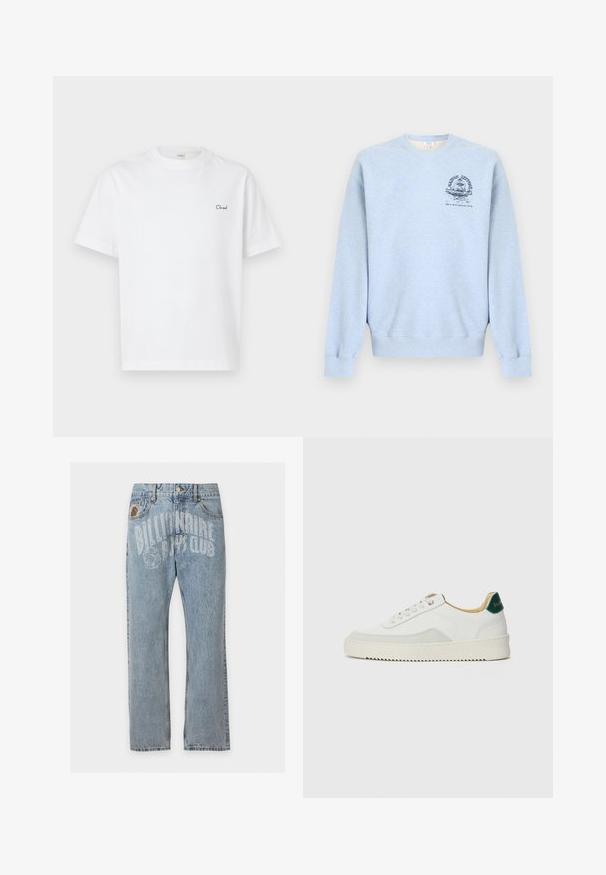 Sweat-shirt bleu clair à col rond avec manches longues et un petit motif bleu foncé sur le côté gauche de la poitrine représentant une fontaine et du texte.; T-shirt blanc en coton avec manches courtes et col ras du cou, arborant un petit logo texte noir "Cloud" brodé sur le côté gauche de la poitrine.; Jean en denim bleu clair avec poches avant et texte "Billionaire Boys Club" ainsi que logo d’astronaute imprimés sur la partie haute avant.; Baskets blanches avec des accents en daim, bout arrondi, lacets plats et semelle en caoutchouc crème. Présente une marque verte sur le talon.