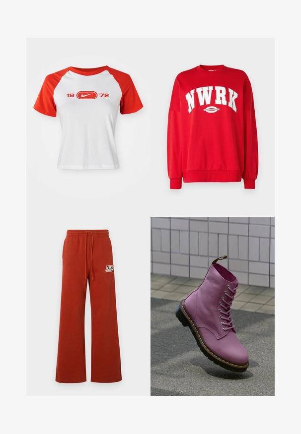 Sweatshirt rouge avec de grandes lettres blanches "NWRK" et un logo circulaire. Poignets et encolure côtelés ; matériau doux avec une coupe décontractée.; T-shirt Nike avec un corps blanc et des manches raglan rouges. Présente "1972" et un logo en rouge sur la poitrine. Fabriqué en tissu jersey lisse.; Pantalon de survêtement rouge à jambes larges avec une taille élastique et un cordon de serrage. Présente un logo Nike imprimé sur le côté gauche. Texture douce, design décontracté.; Botte montante en cuir violet avec semelle noire et coutures jaunes, positionnée debout sur un asphalt texturé près d'un trottoir carrelé.