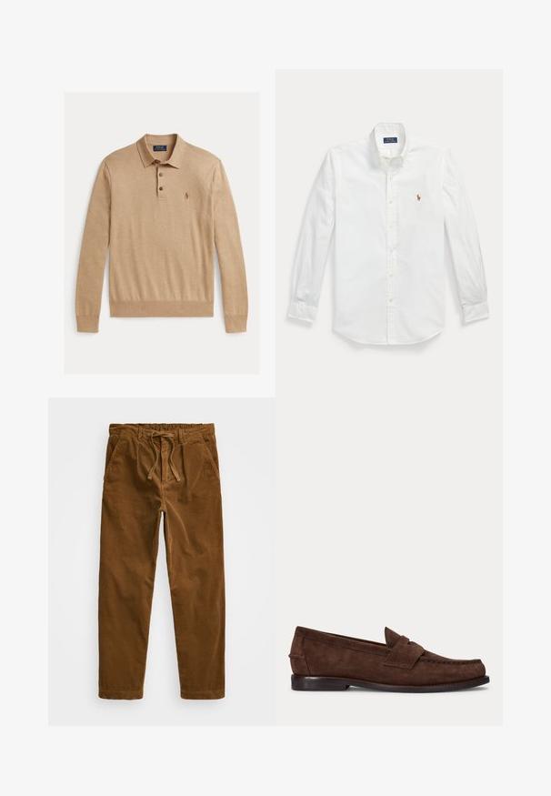 Langes Polohemd mit langen Ärmeln aus weichem Stoff. Verfügt über eine Knopfleiste mit drei Knöpfen und ein kleines gesticktes Logo auf der linken Brust.; Weißes Hemd mit langen Ärmeln, Knopfleiste und Knopfkragen sowie kleinem besticktem Polo Ralph Lauren Logo auf der linken Brust.; Braune Cordhosen mit einem elastischen Bund und Zugband, seitlichen Taschen und geraden Beinen mit strukturiertem Rippenmuster.; Brauner Wildleder-Pennyloafer mit niedrigem Absatz und sichtbarer Naht an Zehen-, Seiten- und Rückbereich, dargestellt auf hellem, einfarbigem Hintergrund.