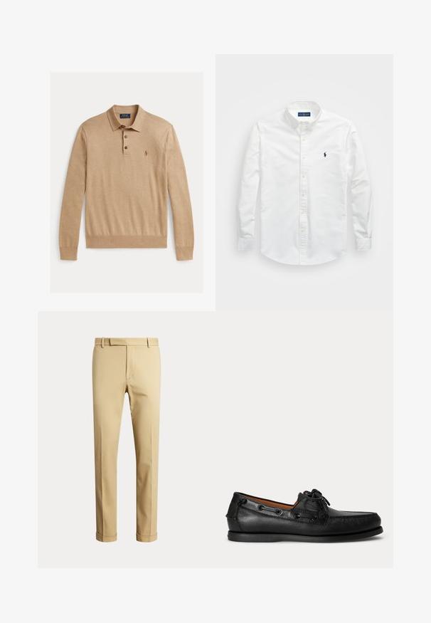 Tan lange mouwen polo gemaakt van zachte stof. Heeft een drieknopsbies en een klein geborduurd logo op de linkerborst.; Witte button-up shirt van katoen. Voorzien van een puntige kraag, lange mouwen en een klein marineblauw logo op de borst. Gladde textuur.; Beige op maat gemaakte herenbroek met riemlussen en omgeslagen pijpen, getoond tegen een effen lichte achtergrond.; Zwarte leren mocassin met veterdetail en lage rubberen zool, zijaanzicht op een eenvoudige lichte achtergrond.
