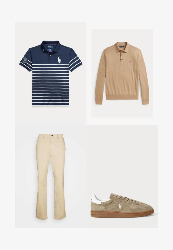 Langes Polohemd mit langen Ärmeln aus weichem Stoff. Verfügt über eine Knopfleiste mit drei Knöpfen und ein kleines gesticktes Logo auf der linken Brust.; Marineblaues Poloshirt mit weißen horizontalen Streifen, Ralph Lauren-Logo, Wimbledon-Patch am Ärmel und "2024" auf dem Kragen gedruckt.; Beige Glockenhosen aus Baumwolle, mit einem vorderen Knopfverschluss, Gürtelschlaufen und einer glatten Textur. Maßgeschneiderte Passform mit geraden Beinen.; Wildledersneaker in Beige mit weißen Akzenten, runder Zehenform und Schnürdesign. Mit eingeprägtem Logo und Gummisohle für besseren Halt.