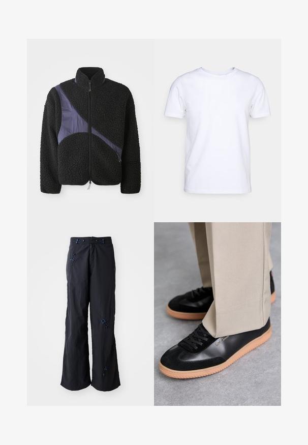 Sort fleecejakke med en diagonal lilla nylonaccent, høj krave, lynlås lukning og tekstureret stof for varme.; Hvid kortærmet t-shirt i bomuldsstof med rund halsudskæring. Enkel design uden mønstre eller detaljer. Glat tekstur.; Sorte, lette bukser med vidde og struktureret overflade. Har blå detaljer og justerbare toggles. Lynlåslukning.; Paul Smith COMO - Sneakers - black