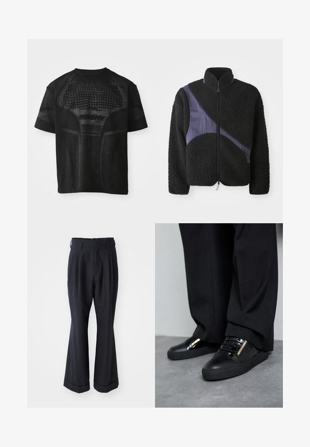 Musta fleece-takki, jossa on viisto violetti nylon-aksentti, korkea kaulus, vetoketjusuljin ja tekstuuri, joka tarjoaa lämpöä.; Musta lyhythihainen urheilupaita, jossa on tekstuuripinta ja hienovarainen "MISBHV SPORT" -teksti edessä.; Mustat räätälöidyt housut rennolla istuvuudella, voltaan pleidatut etuosat ja leveät lahkeet. Mukana käännetty helma ja sileä kangas.; Mustat nahkakengät kiiltävillä yksityiskohdilla, teksturoiduilla nauhoilla ja vetoketjuyksityiskohdalla; yhdistettyinä tummiin, löysiin housuihin harmaalla lattialla.