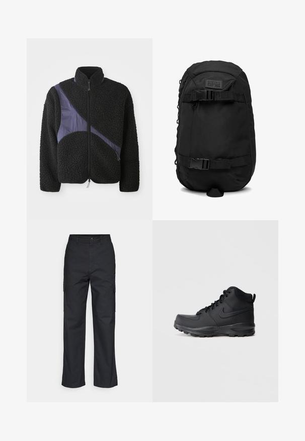 Sort fleecejakke med en diagonal lilla nylonaccent, høj krave, lynlås lukning og tekstureret stof for varme.; Sorte cargo bukser med lige ben i designet, der har sidelommer og et tekstureret stof. Knaplukning i taljen for en sikker pasform.; Sort high-top sneakers med en glat syntetisk overdel, rund tå, polstret krave og tekstureret gummisål. Har snørebåndsdesign og logoaccent.; Sort G-Star RAW rygsæk med to vandrette justerbare stropper og spænder foran samt et lommelogo øverst.