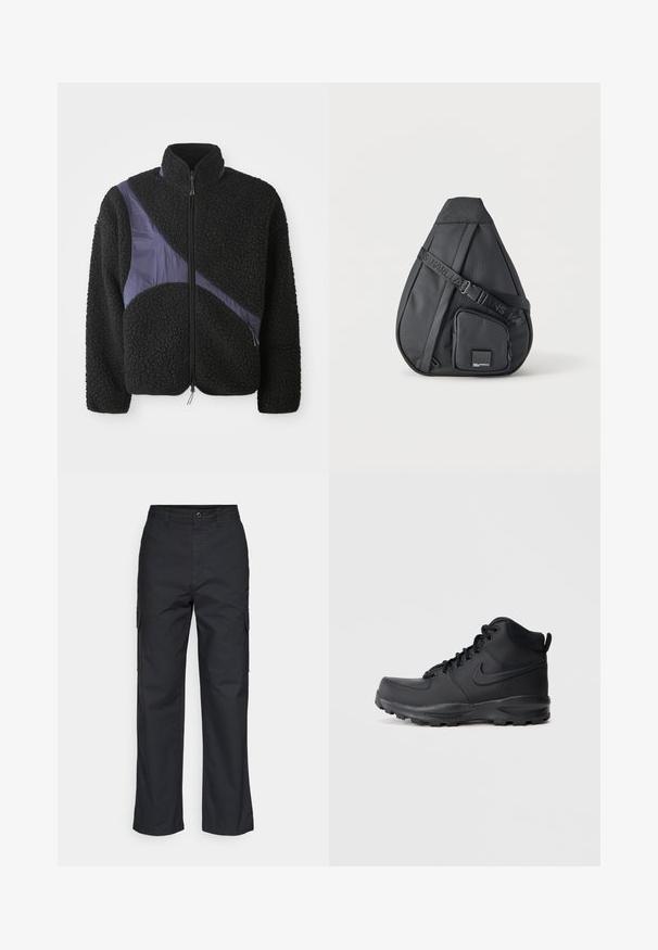 Μαύρο fleece μπουφάν με διαγώνια μωβ ναυλον ένδειξη, ψηλό γιακά, κλείσιμο με φερμουάρ και υφασμάτινη υφή για επιπλέον ζεστασιά.; Μαύρο cargo παντελόνι με ίσιο σχέδιο, που διαθέτει πλαϊνές τσέπες και υφασμάτινη υφή. Κούμπωμα με κουμπί στη μέση για ασφαλή εφαρμογή.; Μαύρες αθλητικές μπότες ψηλές με λείο συνθετικό πάνω μέρος, στρογγυλή μύτη, επενδυμένο κολάρο και υφασμάτινη σόλα με υφή. Διαθέτουν σχέδιο με κορδόνια και λογότυπο.; Μαύρη τσάντα χιαστί σε σχήμα σταγόνας με ρυθμιζόμενο λουρί και με μπροστινή τσέπη με φερμουάρ που διαθέτει μικρό λογότυπο μάρκας.