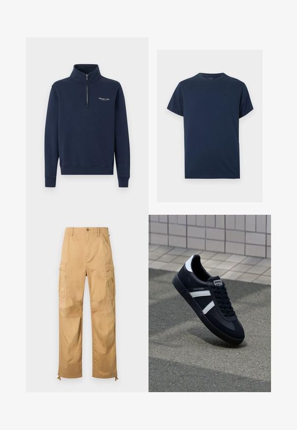 Sweat-shirt bleu marine à zip quart avec poignets et ourlet côtelés, comportant un petit texte blanc brodé sur le côté gauche de la poitrine.; T-shirt bleu marine à manches courtes et col rond avec un petit logo brodé discret sur le côté gauche de la poitrine.; Pantalon cargo beige avec poches à rabat sur les côtés, fermeture à boutons, passants pour ceinture et cordons de serrage ajustables à l'ourlet.; Sneaker en cuir noir avec des rayures blanches, semelle en caoutchouc texturée et devant à lacets. Présente une étiquette de marque sur la languette.