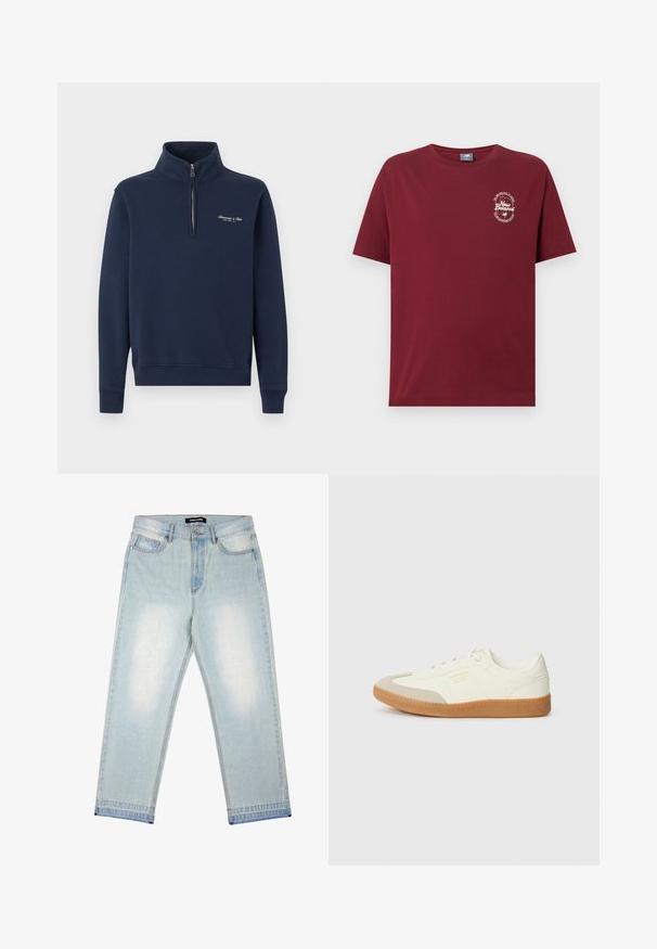 Marineblauer Viertel-Reißverschluss-Sweatshirt mit gerippten Bündchen und Saum, mit kleinem weißem Stickschriftzug auf der linken Brust.; Maroonfarbenes T-Shirt mit kurzen Ärmeln und Rundhalsausschnitt, mit kleinem weißem New Balance-Logo und Text auf der linken Brustseite mit der Aufschrift "New Balance, Boston Massachusetts."; Pegador BARROW - Loose Jeans - sand washed blue; Sneaker aus weißem Leder mit einer beigen Zehenkappe und leichter brauner Gummisohle. Verfügt über flache weiße Schnürsenkel und geprägtes Branding an der Seite.