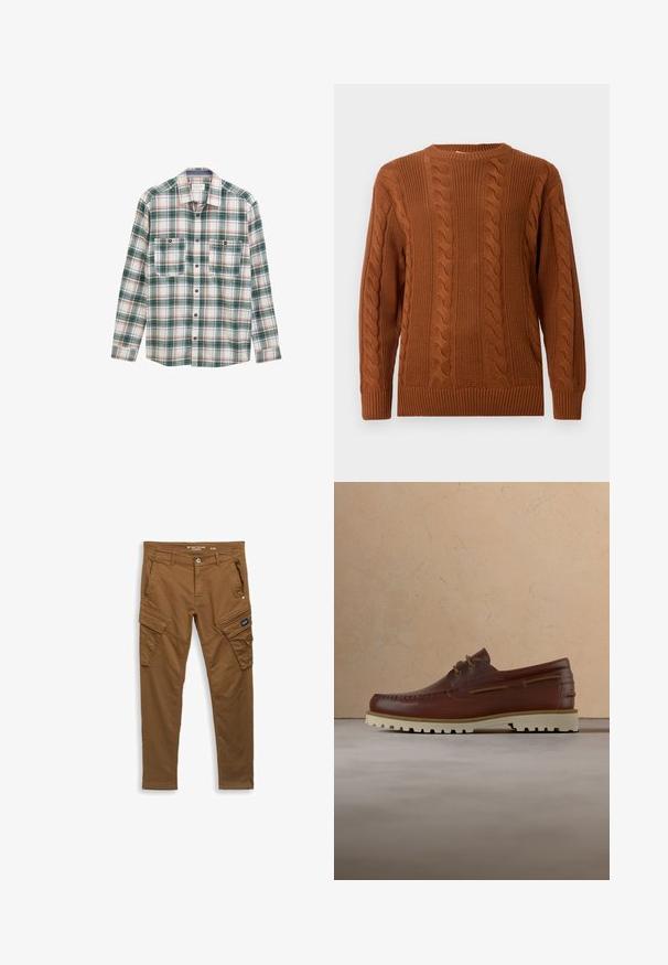 Brun kabelstrikket sweater med lange ærmer, ribbede manchetter, kant og halsudskæring, vist på en ensfarvet lys baggrund.; Langærmet skjorte med knapper i grøn, hvid og rød plaidmønster, to knaplukket brystlommer foran og klassisk krave.; Brune lige cargo bukser med frontknap, bælte-loops, sidelommer og baglommer samt klaplukninger på lommen på låret.; Brun læder casual snørestøvle med cremefarvet gummisål, der hænger over beige tæppe nær et træ-sofabord med bøger.