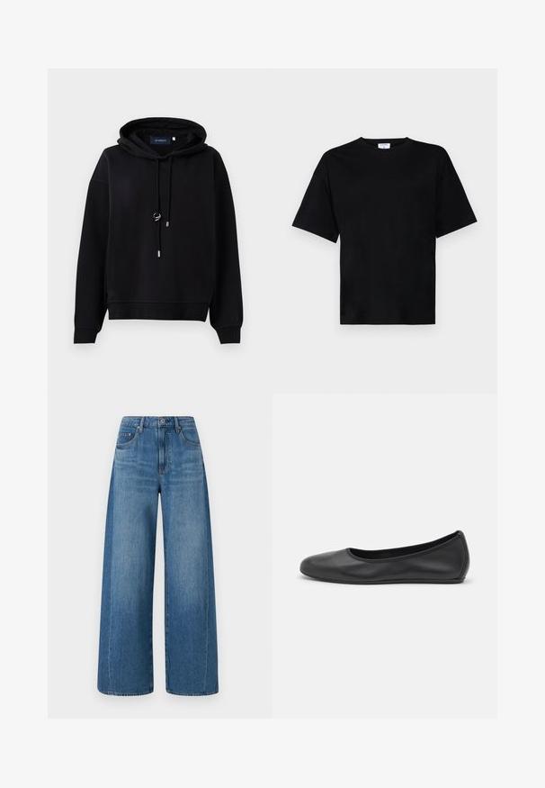 Schwarzer Hoodie aus weichem Material, ausgestattet mit einer verstellbaren Kapuze, silbernen Hardware-Details, gerippten Bündchen und einem lässigen Schnitt.; Schwarzes T-Shirt mit kurzen Ärmeln in lässiger Passform, aus weichem Stoff gefertigt, mit rundem Halsausschnitt und ohne auffällige Muster oder Akzente.; Hellebluejeans mit weitem Bein und mittlerem Wasch-Effekt, mit hoher Taille, fünf Taschen und subtilen Abnutzungen. Aus Denim mit einer glatten Textur gefertigt.; Schwarze Leder-Ballettschuhe mit abgerundeter Spitze, glatter Textur, minimalen Nähdetails und einem flexiblen Sohlen-Design.