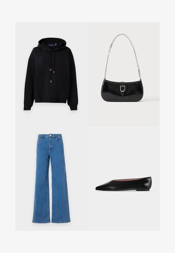 Schwarzer Hoodie aus weichem Material, ausgestattet mit einer verstellbaren Kapuze, silbernen Hardware-Details, gerippten Bündchen und einem lässigen Schnitt.; Hellblaue Denim-Jeans mit weitem Bein und hohem Taillenschnitt, Fronttaschen und einem Knopfverschluss. Der Stoff hat eine glatte Textur und ein klassisches Nähmuster.; Schwarzer flacher Damenleder-Schuh mit spitzer Kappe und niedrigem Absatz, von der Seite auf einfarbigem hellgrauem Hintergrund gezeigt.; Schwarze Schultertasche aus Lackleder mit silberner Schnalle und silbernem Kettenriemen, auf hellem einfarbigen Hintergrund präsentiert.