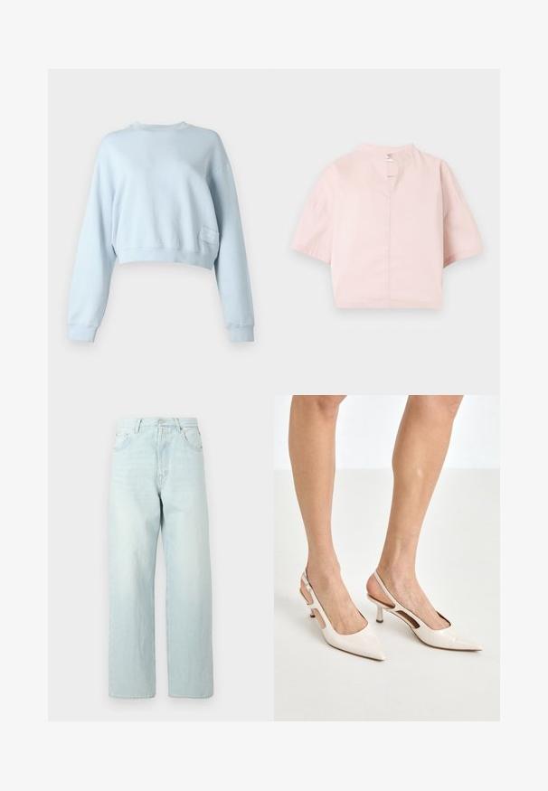 Lichtblauwe cropped sweatshirt, zachte stof, ronde halslijn, lange mouwen, geribbelde mouwen, met een klein etiket aan de voorkant, onderaan links.; Lichtroze blouse met korte mouwen, een hoge halslijn en een voorste split, weergegeven op een effen witte achtergrond.; Lichtblauwe denim broek met wijde pijpen en een hoge taille, voorzien van vijf zakken, een knoopsluiting en subtiele vervaging.; Beige gepatineerde leren slingback hakken met een spitze neus en een hak van 5 cm, met uitsparingen aan de zijkanten en een dunne enkelband.