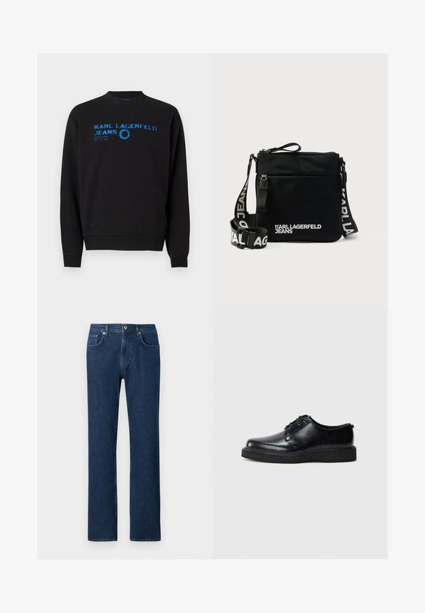 Sudadera negra con cuello redondo, mangas largas y texto gráfico azul con el nombre de la marca y detalles del diseño en la parte frontal.; Jeans de denim azul oscuro con corte recto, que cuentan con un cierre frontal de botón, presillas para cinturón y un diseño de bolsillo estándar.; Zapatos negros de cuero con cordones, punta redonda, acabado liso y suela de goma negra texturizada. Diseño minimalista sin patrones visibles.; Bolso bandolera negro de nailon con cierre de cremallera, con una correa con logo y texto blanco "KARL LAGERFELD JEANS" en el frente. Superficie texturizada.