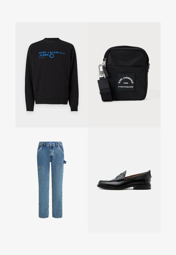 Sudadera negra con cuello redondo, mangas largas y texto gráfico azul con el nombre de la marca y detalles del diseño en la parte frontal.; Jeans de mezclilla azul con un diseño de pierna recta, que cuentan con parches en contraste, dos bolsillos frontales y un detalle de lazo visible en el lado.; Mocasín de hombre de piel negra con costura moc toe, tira penny, cuello texturizado y tacón bajo apilado sobre fondo blanco.; Bolsa cruzada de nailon negra con forma rectangular, presenta una etiqueta en el parche frontal, herrajes plateados y una correa ajustable.