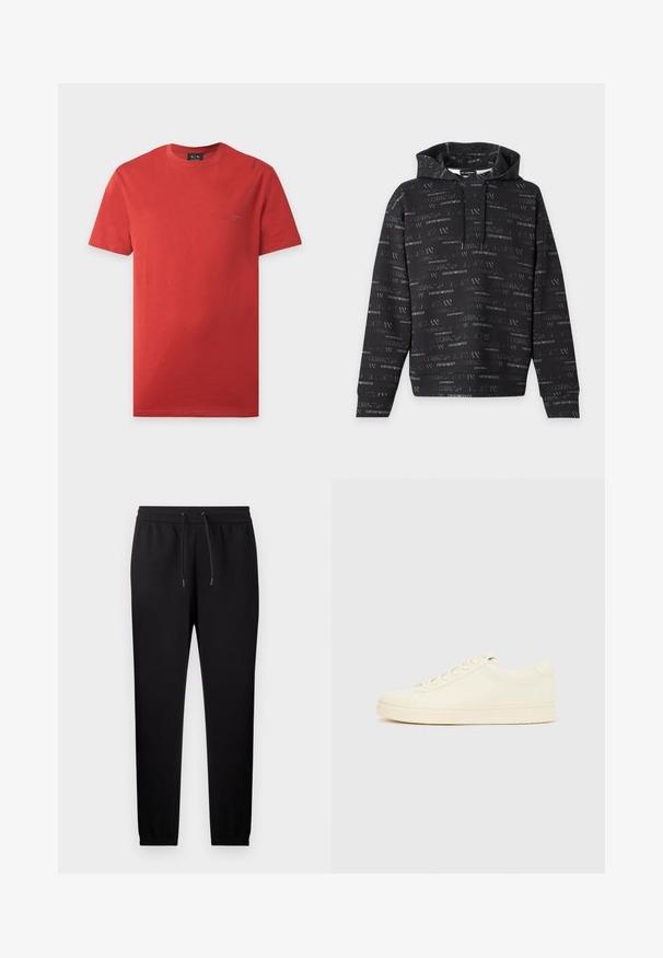 Sweat à capuche noir à manches longues, avec un motif texte argenté "EMPORIO ARMANI" en all-over et des cordons de serrage réglables.; T-shirt rouge à manches courtes et col rond avec un logo Armani Exchange discret sur la poitrine gauche et une étiquette A|X sur le col.; Pantalon de survêtement noir fuselé avec taille élastique et cordon de serrage, doté de chevilles resserrées et de poches latérales.; Baskets couleur crème avec une tige en cuir lisse, bout arrondi, laçage à l'avant et semelle en caoutchouc texturée. Design minimaliste, sans logo.