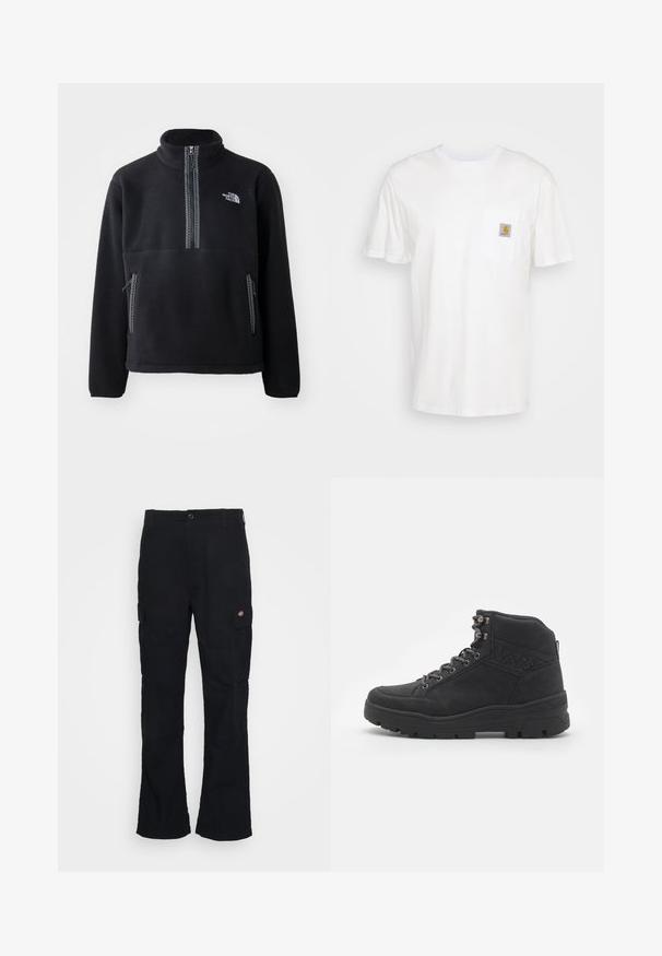 Schwarzer Fleece-Halbzip-Pullover mit hohem Kragen, ausgestattet mit einer Brusttasche und zwei Seitentaschen. Das Design enthält einen kontrastierenden Reißverschluss.; Weißes Baumwoll-T-Shirt mit kurzen Ärmeln, einer Brusttasche und einem kleinen quadratischen Logopatch in Orange und Weiß auf der Tasche.; Schwarze Cargo-Hose mit geradem Bein, aus strapazierfähigem Stoff gefertigt, mit Seitentaschen und einem aufgenähten Logo auf der linken Seite.; Schwarze Stiefeletten bis zur Mitte des Knöchels aus Wildleder. Mit metallischen Ösen, Schnürsenkeln und einer strukturierten Gummisohle mit verstärktem Absatz.