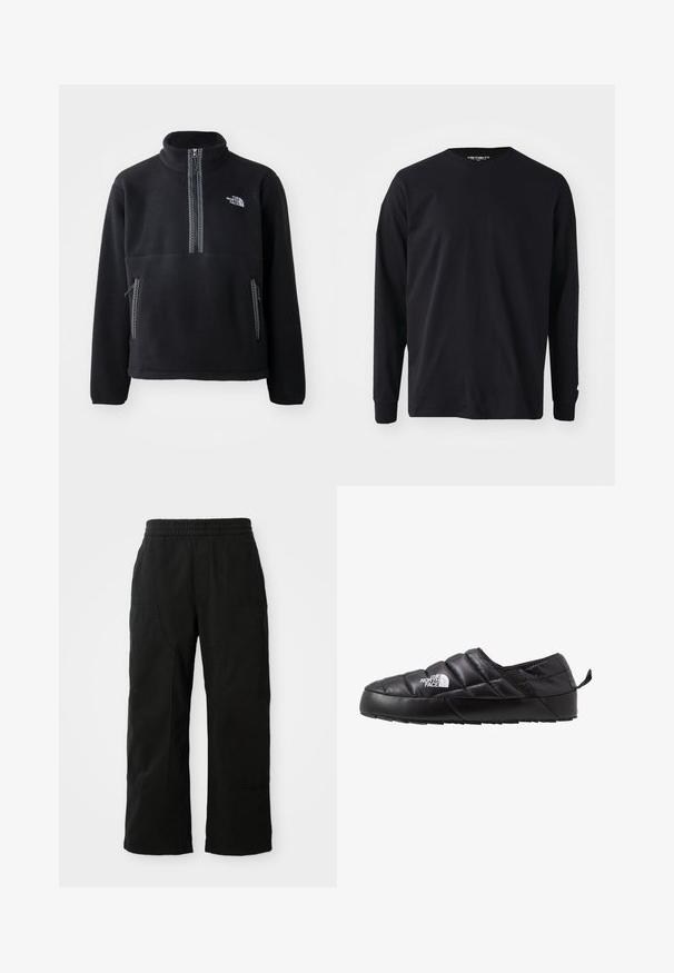 Schwarzer Fleece-Halbzip-Pullover mit hohem Kragen, ausgestattet mit einer Brusttasche und zwei Seitentaschen. Das Design enthält einen kontrastierenden Reißverschluss.; Schwarzes Langarm-T-Shirt aus Baumwolle mit rundem Halsausschnitt und geradem Schnitt, mit einem kleinen Logodetail am Ärmel.; Schwarze Baumwollhosen mit einem elastischen Bund, weitem Beinansatz und großen Seitentaschen. Der Stoff wirkt weich mit einer glatten Textur.; Schwarzer Slipper mit gestepptem Design, aus gepolstertem Material gefertigt. Verfügt über eine strukturierten Gummisohle und eine kleine Lasche hinten.