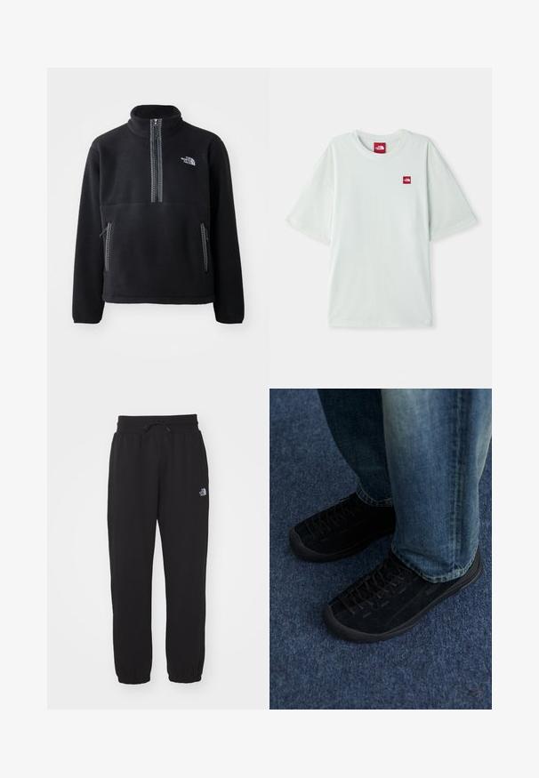 Sort fleece halv-zip pullover med høj krave, der har en brystlomme og to sidelommer. Designet inkluderer en kontrastfarvet lynlåsdetalje.; Lysegrøn kortærmet t-shirt lavet af blød bomuld, med et lille rødt logo på venstre brystområde. Løs pasform og rund halsudskæring.; Sorte sweatpants lavet af blødt stof, med en elastisk talje med snor, manchetter ved anklerne og et lille logo på det øverste lår.; Sorte ruskindssneakers med tekstureret overflade, diskret snøring og holdbare gummisåler, parret med blå denim jeans.