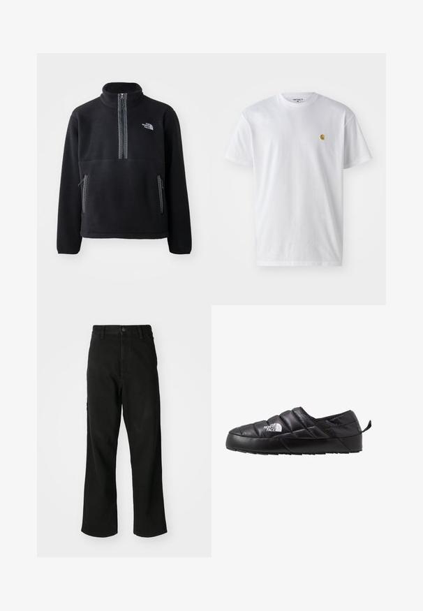 Pulóver de forro polar negro con media cremallera y cuello alto, que cuenta con un bolsillo en el pecho y dos bolsillos laterales. El diseño incluye un detalle de cremallera en contraste.; Camiseta de algodón blanca con mangas cortas, cuello redondo, que presenta un pequeño logo dorado en la parte izquierda del pecho. Textura suave y corte regular.; Vaqueros negros de pierna recta con cierre de botón, pasadores para cinturón y bolsillos frontales sobre un fondo blanco liso.; Zapato negro de tipo slip-on con un diseño acolchado, hecho de material acolchado. Presenta una suela de goma texturizada y una pequeña lengüeta en la parte trasera.