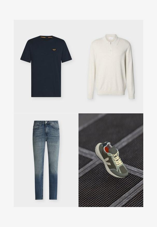 Lang spijkerbreisel in beige met een kraag en een ritssluiting aan de voorkant, geribbelde manchetten en zoom, getoond op een witte achtergrond.; Donkerblauw T-shirt met korte mouwen en ronde hals met een klein rechthoekig logoplaatje op de linkerborst.; Slim-fit blauwe herenjeans met subtiele vervaagdetails, knoopsluiting en vijfzakkenontwerp.; Groene en beige sneaker met meshpanelen, een gevoerde zool, gele veters en een contrasterende binnenvoering. Eenvoudig geometrisch ontwerp.
