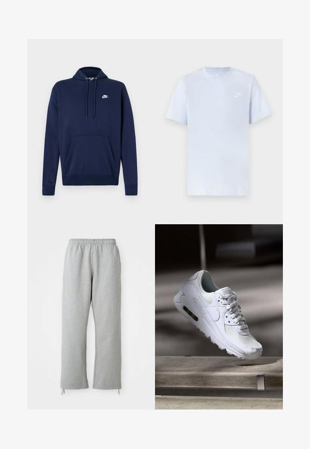 Marineblå hættetrøje i bomuldsblanding med en forlomme og et hvidt broderet logo på venstre bryst. Snor i hætten.; Lyseblå bomulds t-shirt med korte ærmer, rund hals og et hvidt Nike-logo trykt på venstre bryst. Glat tekstur, simpelt design.; Grå sweatpants med elastisk talje, lige ben og snoretræk ved kanten. Fremstillet af blødt, struktureret stof.; Hvide Nike Air Max 90 sneakers med en overdel i mesh og læder, perforeret tåboks og en synlig luftenhed i hælen.
