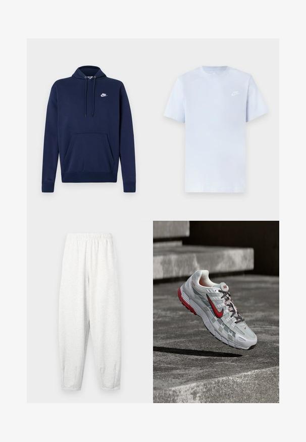Marineblauwe capuchontrui gemaakt van een katoenmengsel, voorzien van een voorzak en een wit geborduurd logo op de linkerborst. Capuchon met trekkoord.; Lichtblauwe katoenen t-shirt met korte mouwen, ronde hals en een wit Nike-logo gedrukt op de linkerborst. Glad textuur, eenvoudig ontwerp.; Lichtgrijze sweatpants gemaakt van zachte stof, met een elastische tailleband, taps tolopende benen en enkelmanchetten. Eenvoudig ontwerp zonder patronen.; Witte en grijze Nike hardloopschoen met rode accenten en zwarte veters, hangend boven grijze betonnen treden.