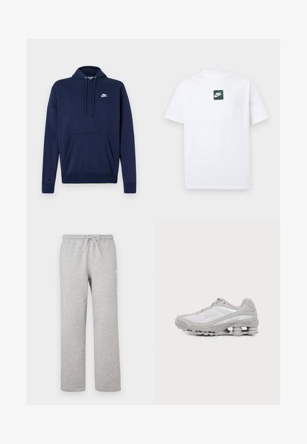 Marineblauer Kapuzenpullover aus Baumwollmischung, mit einer Fronttasche und einem weißen gestickten Logo auf der linken Brust. Kapuze mit Kordelzug.; Weißes Nike-T-Shirt mit kurzen Ärmeln, versehen mit einem kleinen grünen quadratischen Logo, das den Nike-Swoosh und Text in der Brustmitte zeigt.; Graue Jogginghosen mit einem elastischen Bund und Kordelzug. Hergestellt aus weichem Stoff, zeichnen sie sich durch gerade Beine und ein dezentes Logodetail aus.; Grauer und weißer Sportschuh mit Mesh-Einsätzen, Schnürdesign und einer einzigartigen federähnlichen Sohle für Dämpfung und Unterstützung.