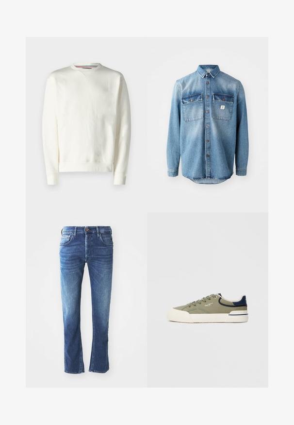 Hvid sweatshirt med rund hals, ribbede manchetter og en subtil logo-detalje. Blødt materiale med en glat tekstur og et minimalistisk design.; Lyseblå denimskjorte med lange ærmer, to brystlommer, knaplukning foran og kontrasterende mørkere lommer. Har en rund spænding.; Mørkeblå denim jeans med lige ben-design, der har fem lommer, en brun knaplukning og diskret lys udtoning ved lårene.; Grønne lærredssneakers med beige gummisåler, navy accentfarver og runde snøringer. Har logodetaljer på siden og en struktureret overflade.