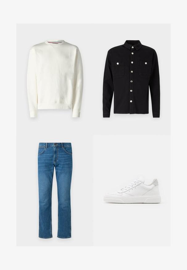 Hvid sweatshirt med rund hals, ribbede manchetter og en subtil logo-detalje. Blødt materiale med en glat tekstur og et minimalistisk design.; Denim Project DPMDPLOOSE OVERSIZED DENIM SHIRT - Skjorter - black washed; Blå denim jeans med fem lommer, knaplukning og lige ben. Har subtilt slid og kontrastsyede detaljer.; Hvide lædersneakers med en glat finish, rund tå, flade snørebånd og en struktureret sål. Grå ruskindsdetalje ved hælen.