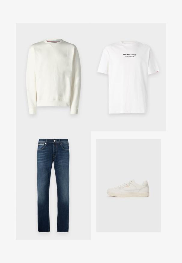 Hvid sweatshirt med rund hals, ribbede manchetter og en subtil logo-detalje. Blødt materiale med en glat tekstur og et minimalistisk design.; Hvid bomulds T-shirt med korte ærmer, prydet med et sort trykt logo, der står "REPLAY GARAGE ETABLERT 1981" på forsiden.; Mørkeblå straight-leg jeans med let falming på lårerne, fem lommer og en metalknaplukning i taljen.; Hvide lædersneakers med en glat overflade, der har perforerede detaljer, snørebånd fortil og et diskret logo i guld nær siden.