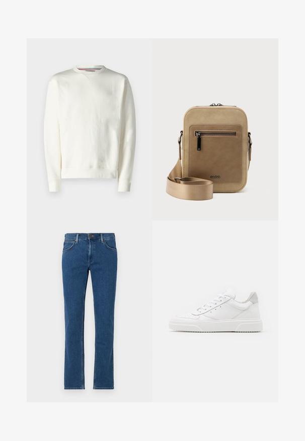Weißer Pullover mit Rundhalsausschnitt, gerippten Bündchen und einem subtilen Logodetail. Weiches Material mit glatter Textur und minimalistischem Design.; Blaue Straight-Leg-Denim-Jeans mit vorderer Knopf- und Reißverschluss, Gürtelschlaufen und Fünf-Taschen-Design auf weißem Hintergrund.; Weiße Leder-Sneaker mit glatter Oberfläche, rundem Zehenbereich, flachen Schnürsenkeln und strukturiertem Schuhsohlen. Graues Wildleder-Detail an der Ferse.; Kleine beige Umhängetasche mit vorderer Reißverschlusstasche, metallischem ALDO-Logo, verstellbarem breitem Riemen und abgerundeter rechteckiger Form vor weißem Hintergrund.