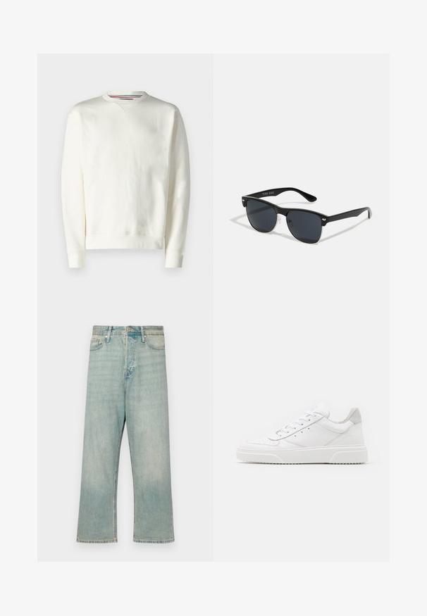 Witte sweatshirt met een ronde hals, geribde manchetten en een subtiele logodetail. Zacht materiaal met een gladde textuur en een minimaal ontwerp.; Lichtblauwe denim jeans met een relaxte pasvorm, rechte pijpen en een vervaagde afwerking; voorzien van een klassieke knoop- en ritssluiting.; Witte leren sneakers met een gladde afwerking, ronde neus, platte veters en een gestructureerde zool. Grijze suède accent bij de hiel.; Zwarte zonnebril met een rechthoekige vorm, donkere lenzen, zilveren accenten bij de slapen en een matte afwerking op het montuur.