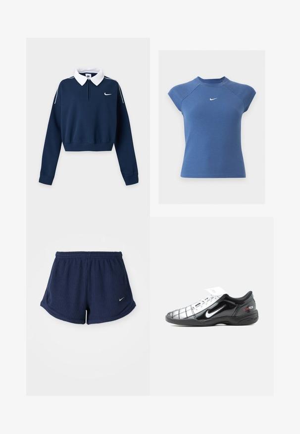 Sweat-shirt court à manches longues bleu marine avec col blanc, petit logo Nike swoosh blanc sur la poitrine gauche et passepoil blanc aux épaules.; Haut tricoté côtelé bleu à manches courtes avec encolure ronde et logo blanc Nike swoosh centré sur la poitrine.; Shorts de sport en bleu marine, côtelés, avec une taille élastique, ornés d'un petit logo Nike blanc sur le bas. Tissu à texture douce.; Chaussure de football Nike Total 90 III basse en noir et blanc avec des lacets et un logo rouge sur le talon, vue du côté extérieur.