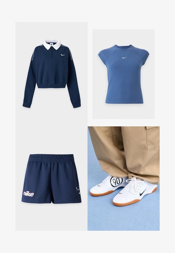 Μπλε ναυτικό, μακρυμάνικο cropped sweatshirt με λευκό γιακά, μικρό λευκό λογότυπο Nike swoosh στο αριστερό στήθος και λευκή ρίγα στους ώμους.; Μπλε κοντομάνικη ριμπ πλεκτή μπλούζα με στρογγυλή λαιμόκοψη και λευκό λογότυπο Nike swoosh στο κέντρο του στήθους.; Μπλε ναυτικό αθλητικό σορτς Nike με ελαστική μέση και λευκό λογότυπο Nike στο αριστερό πόδι, σε λευκό φόντο.; Λευκά αθλητικά παπούτσια με επενδεδυμένο σχέδιο, μαύρο λογότυπο Nike, και μια έντονη μαύρη γραφική απεικόνιση "90" στο πλάι, σε συνδυασμό με χακί παντελόνι.