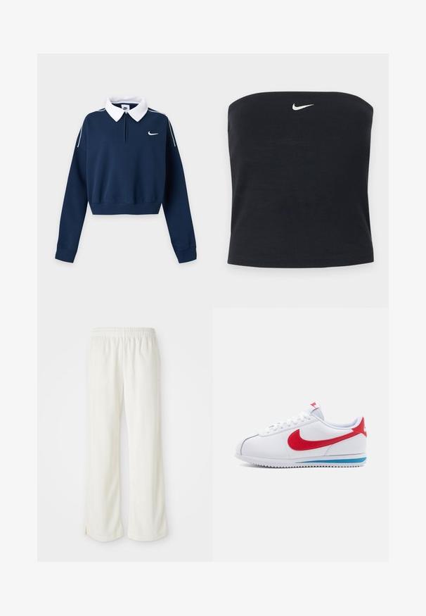 Donkerblauw cropped sweatshirt met lange mouwen, witte kraag, klein wit Nike swoosh-logo op de linkerborst en witte biezen op de schouders.; Zwarte Nike strapless tube top met wit Swoosh-logo gecentreerd nabij de bovenrand, effen achtergrond.; Crème-kleurige broek met een wijde pijpdesign, gemaakt van lichtgewicht materiaal, met verticale strepen en een elastische tailleband.; Witte sneaker met een rode swoosh, blauwe accenten op de zool en witte veters. Gefesteerde bovenkant met gestikte details. Klassiek ontwerp.
